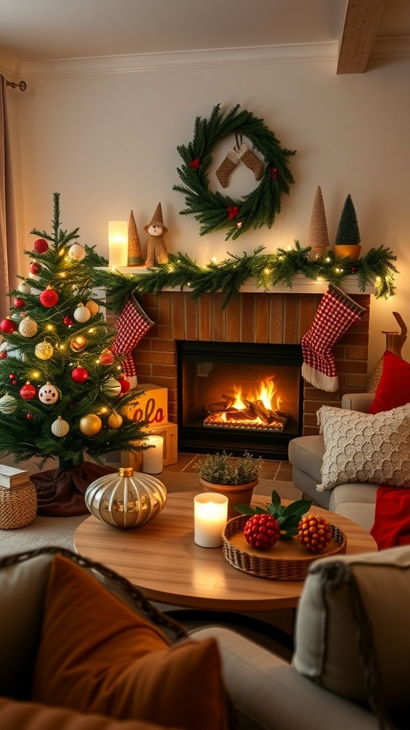 A beautifully decorated living room for Christmas with a small tree, garland, and cozy accents.